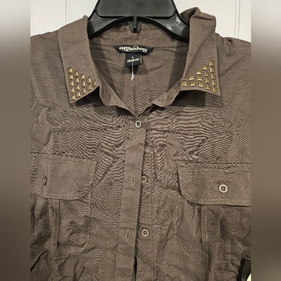 Vintage Millenium Button Down Rayon Shirt Studded Collar Brown Large Long-Sleeve - Picture 2 of 5